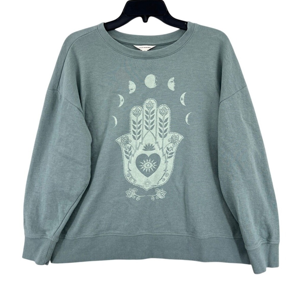 Lucky Brand Mystical Hamsa Moon Phase Sweatshirt 1X Green Pullover Witchy Boho